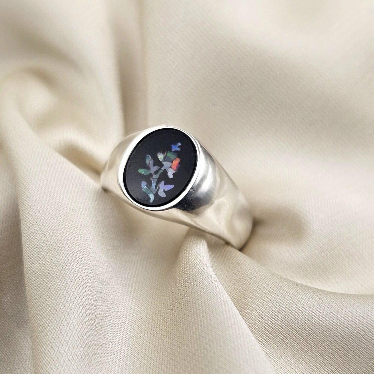Black Onyx and Flower Opal Signet Ring image 0