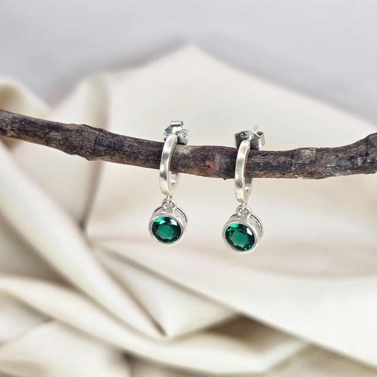 Emerald Green Cubic Zirconia Hoop Drop Earrings