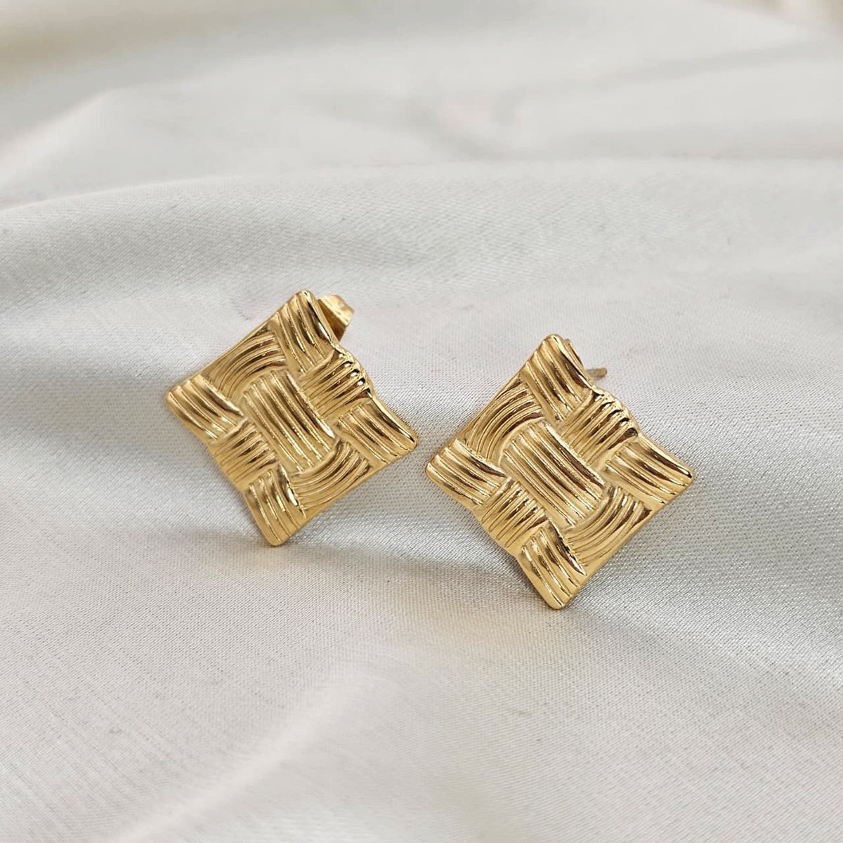 18k Gold Plated Stainless Steel Textured Square Earrings