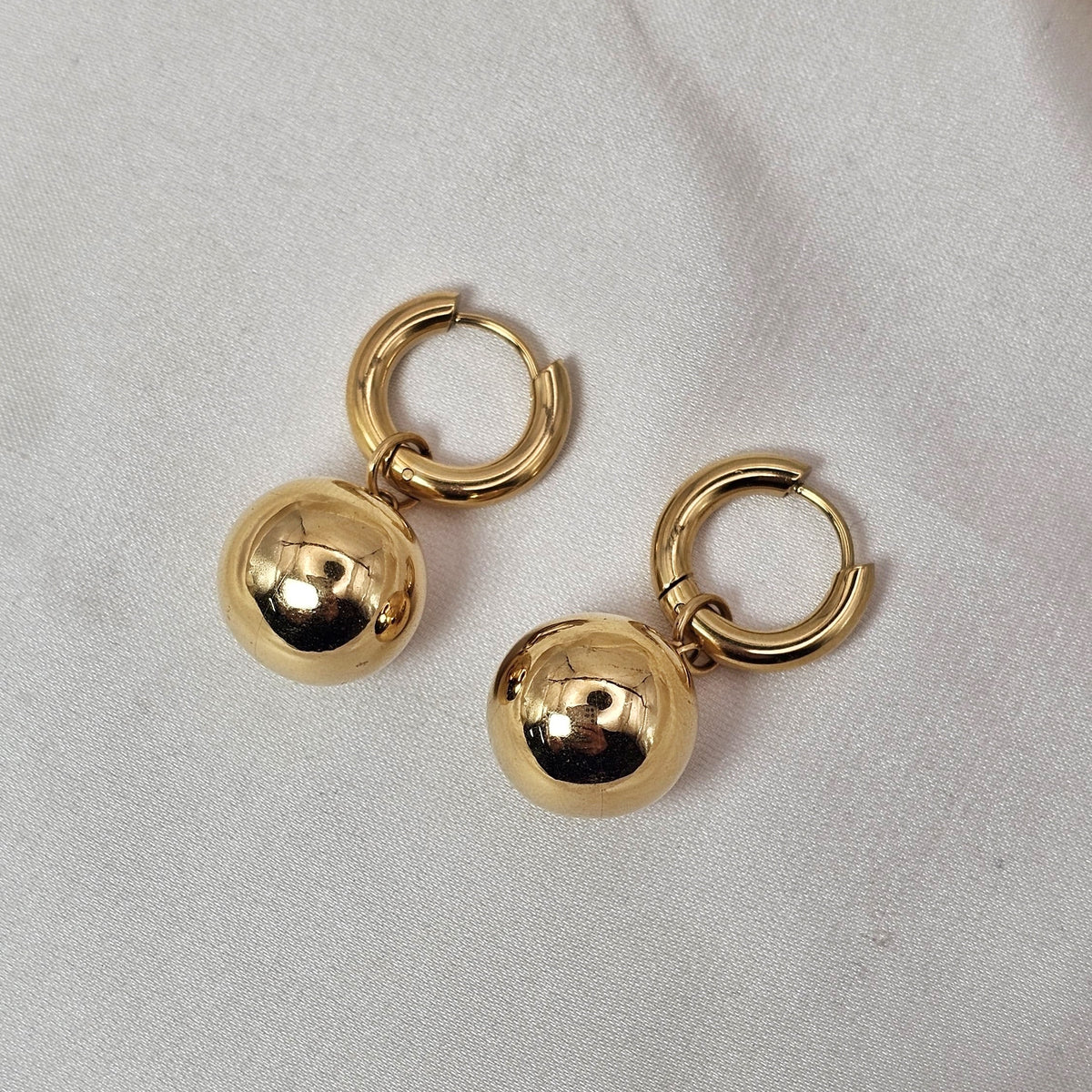 18k Gold Plated Stainless Steel Ball Drop Hoop Earrings