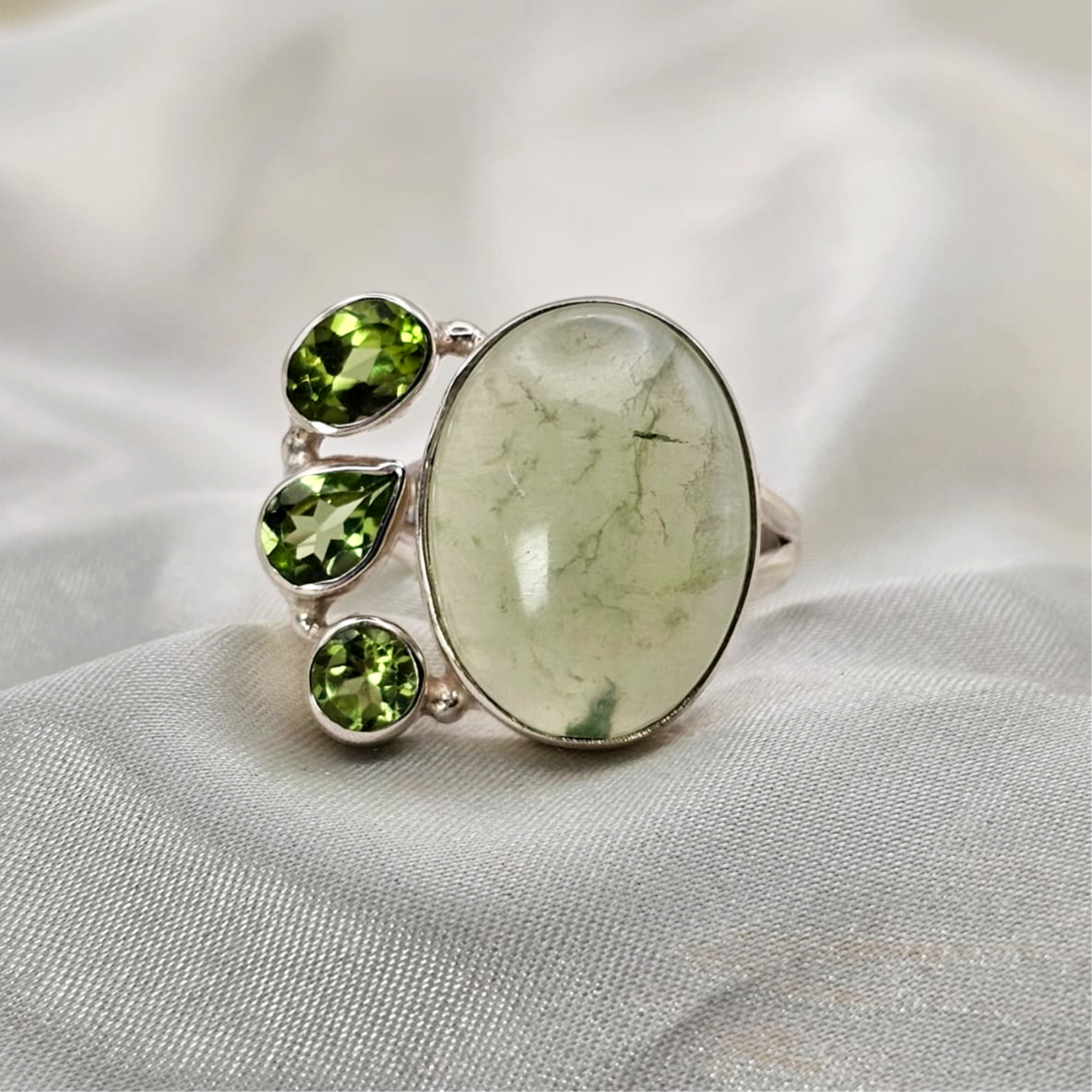 Prehnite & Three Stone Peridot Ring image 0