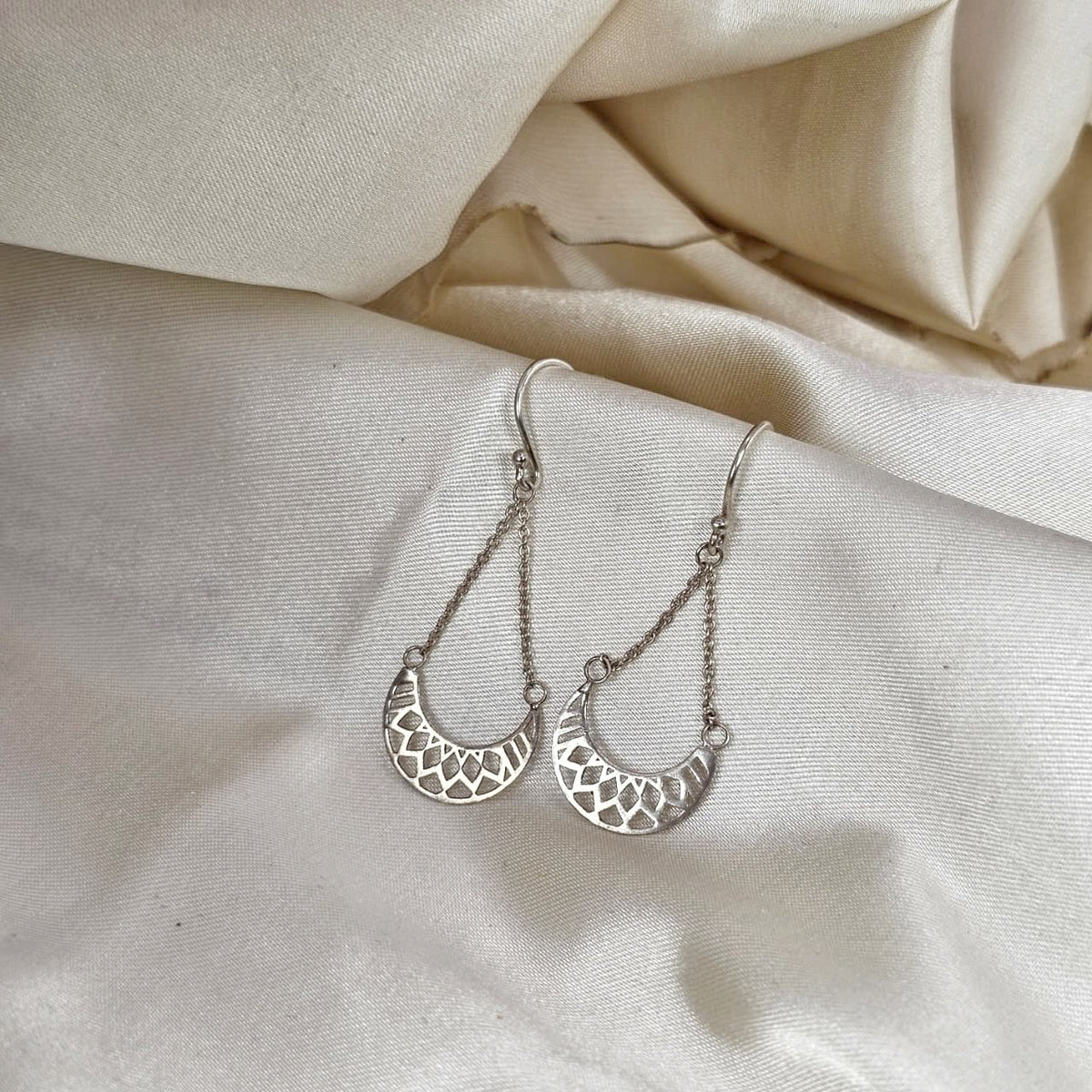 Geometric Filigree Crescent Drop Earrings