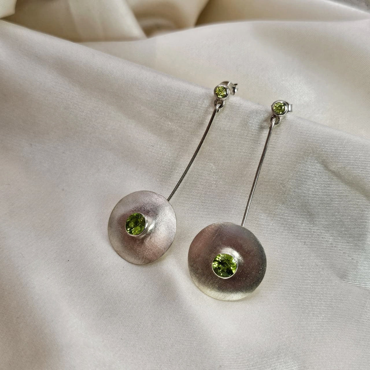 Peridot Textured Disc Drop Earrings