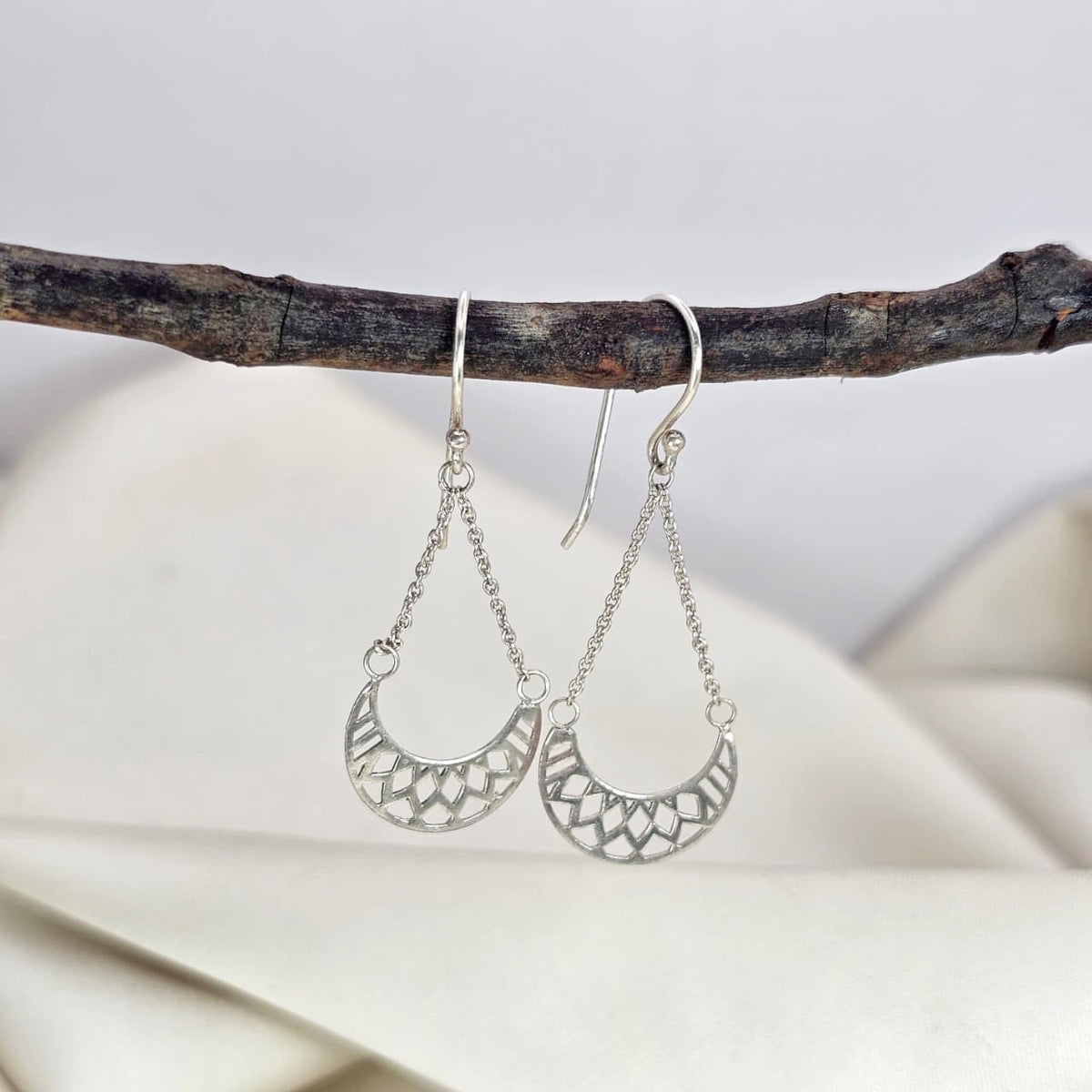 Geometric Filigree Crescent Drop Earrings