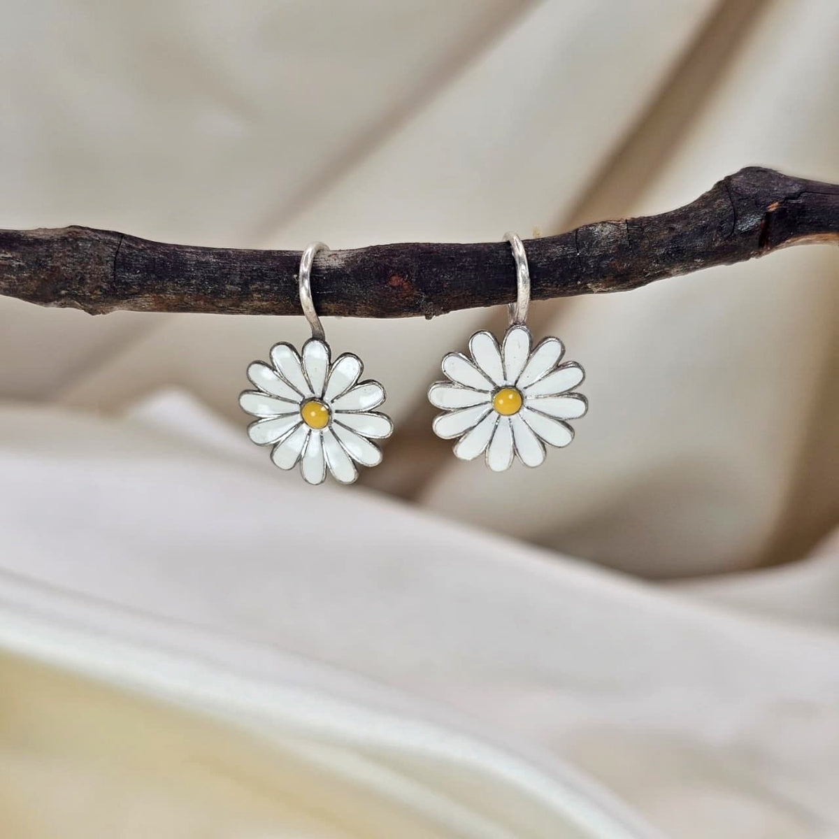 White Enamel Daisy Flower Drop Earrings
