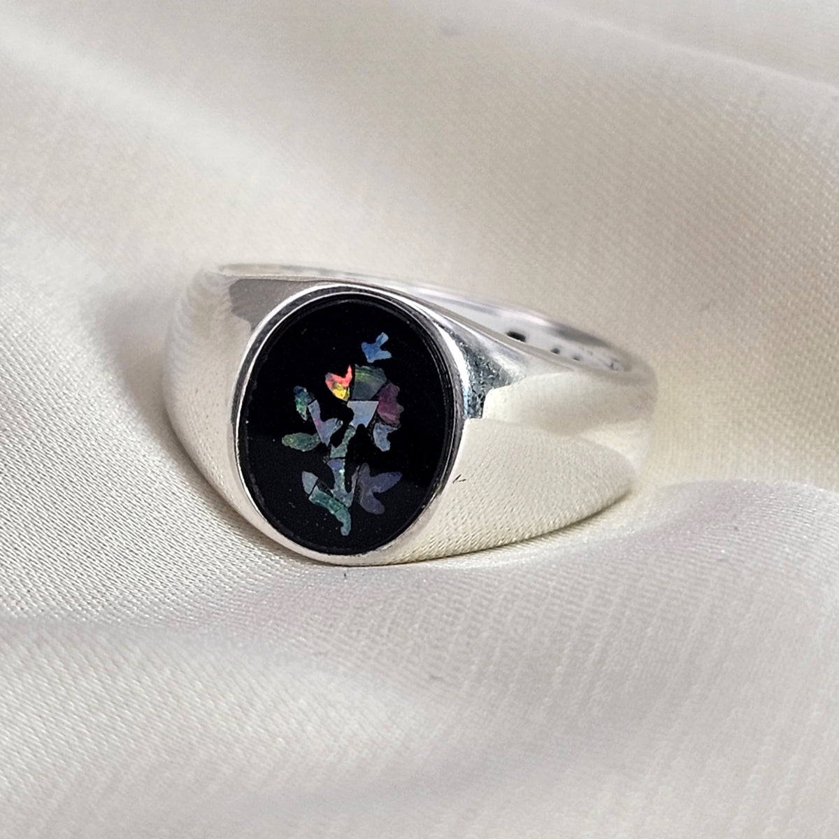Black Onyx and Flower Opal Signet Ring image 3