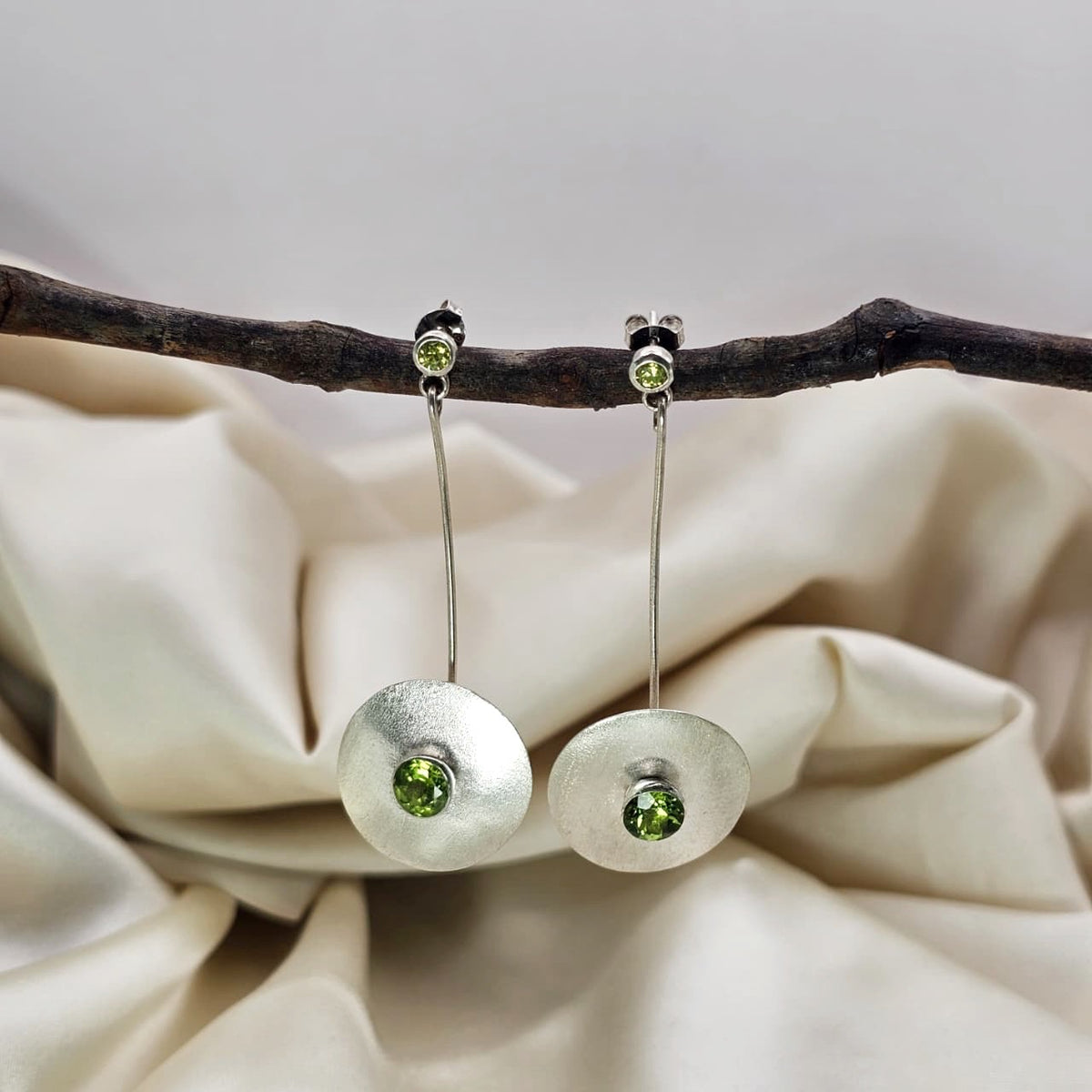Peridot Textured Disc Drop Earrings