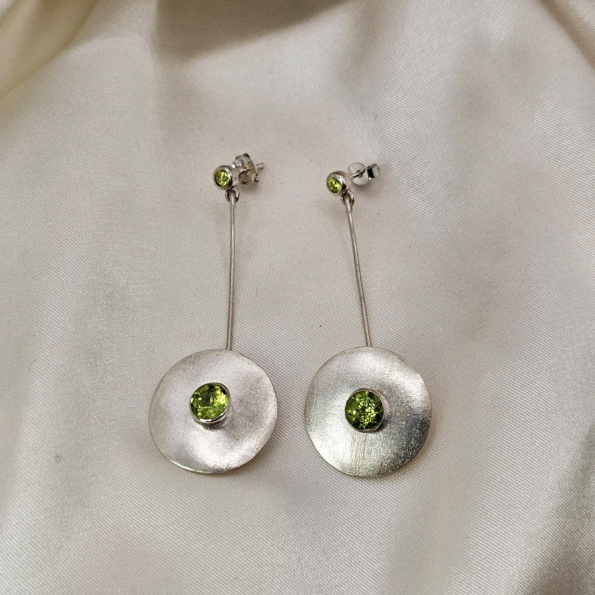 Peridot Textured Disc Drop Earrings
