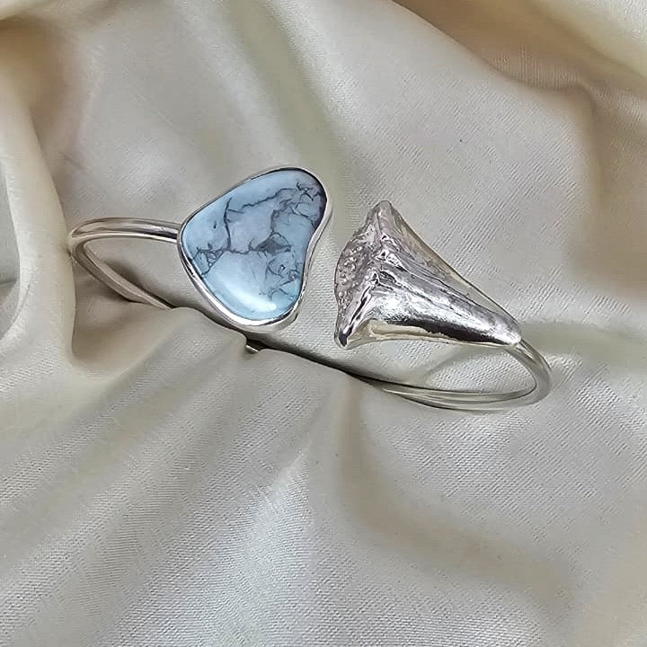 Handmade Adjustable Howlite & Shark Tooth Cuff Bracelet