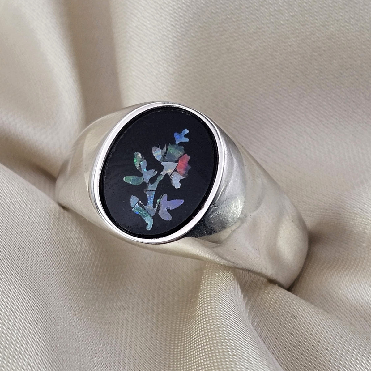 Black Onyx and Flower Opal Signet Ring image 6