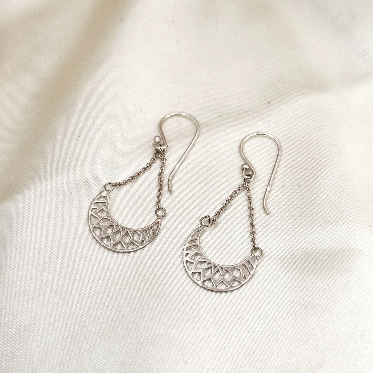 Geometric Filigree Crescent Drop Earrings
