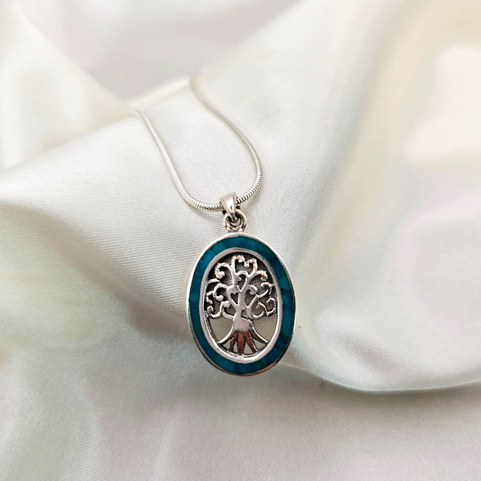 Turquoise Inlay Tree of Life Pendant image 0