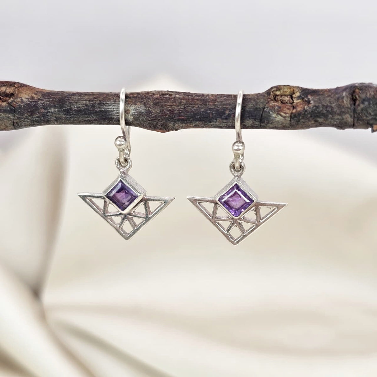 Amethyst Geometric Filigree Drop Earrings