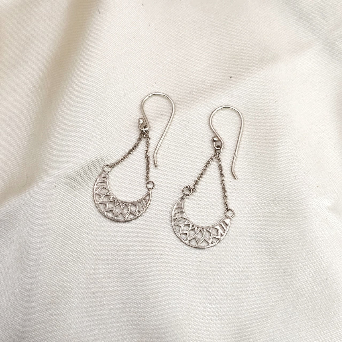 Geometric Filigree Crescent Drop Earrings