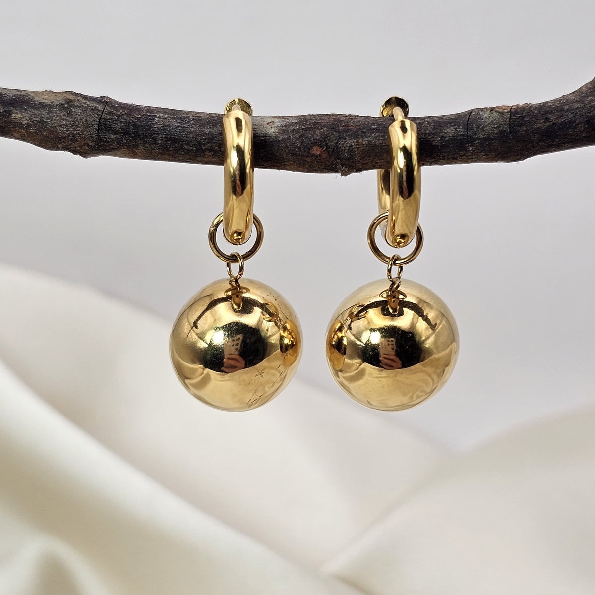 18k Gold Plated Stainless Steel Ball Drop Hoop Earrings