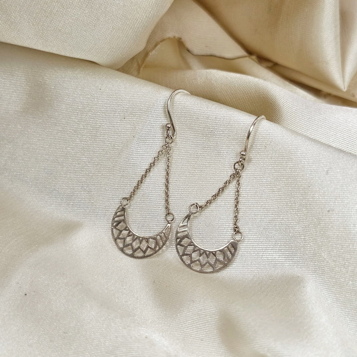 Geometric Filigree Crescent Drop Earrings