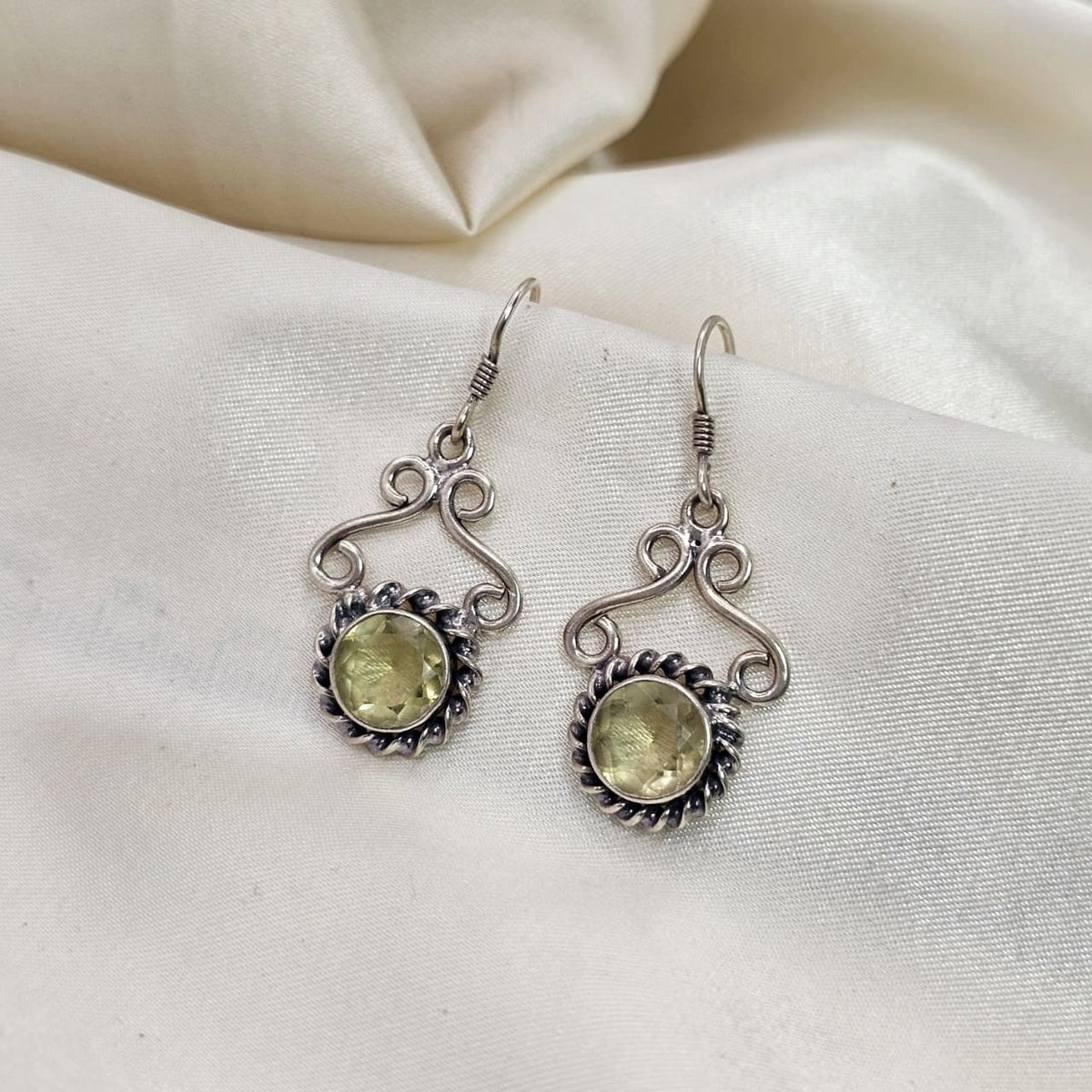 Lemon Quartz Filigree Scroll Drop Earrings