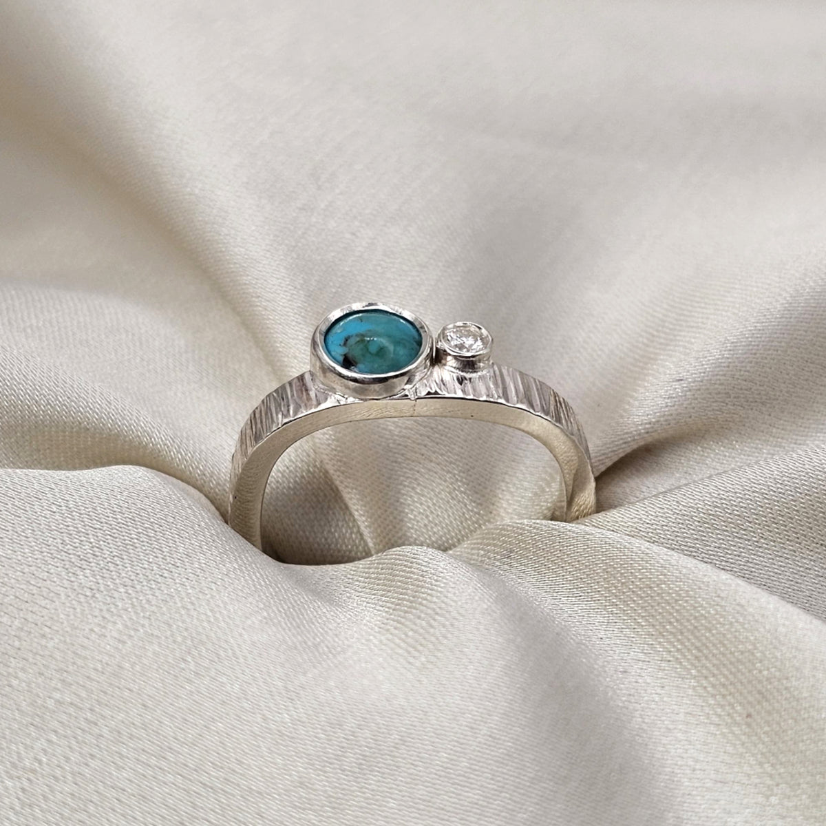 Square Turquoise & Moissanite Hammered Silver Ring image 3