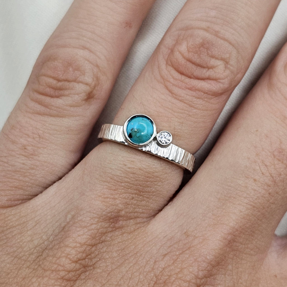 Square Turquoise & Moissanite Hammered Silver Ring image 1