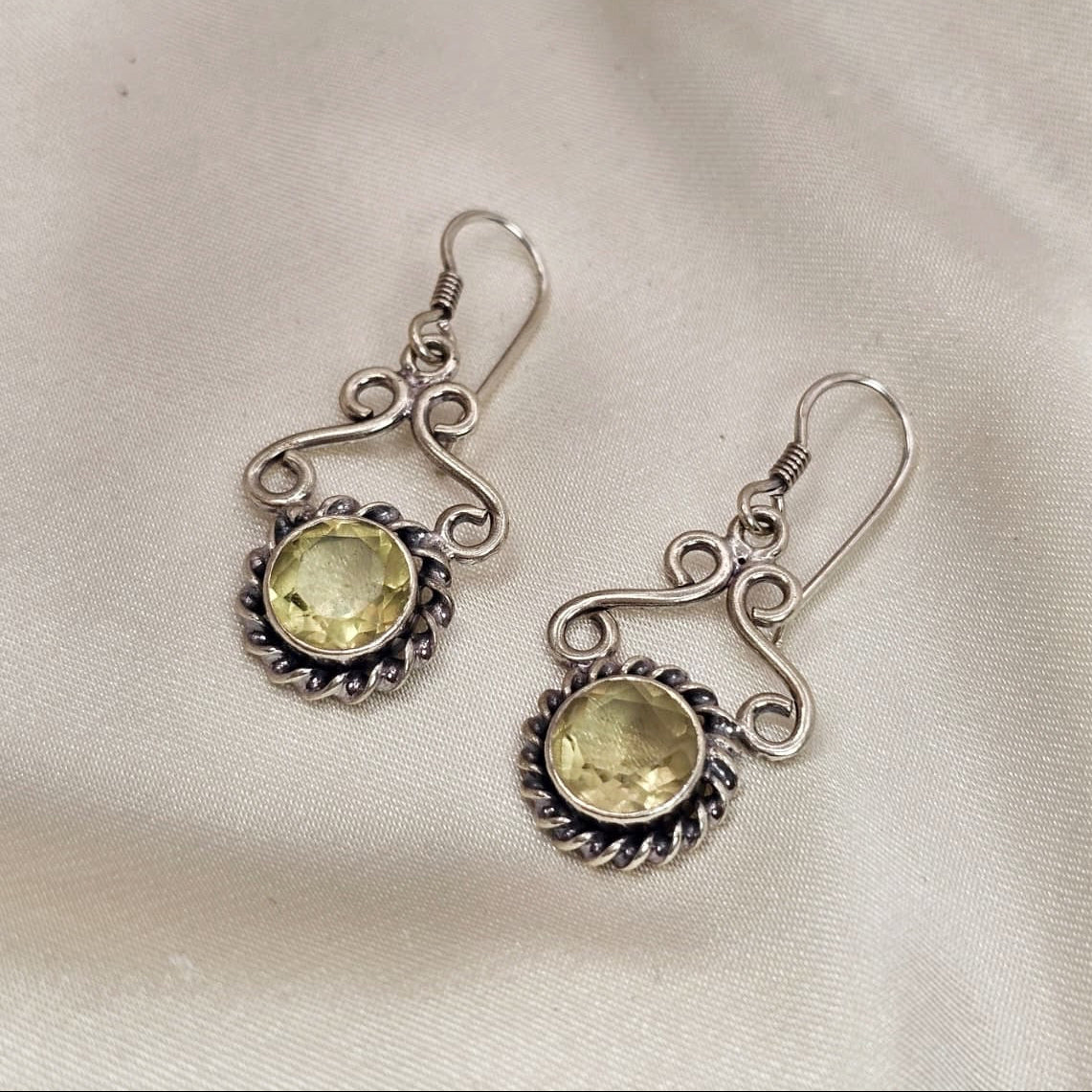 Lemon Quartz Filigree Scroll Drop Earrings