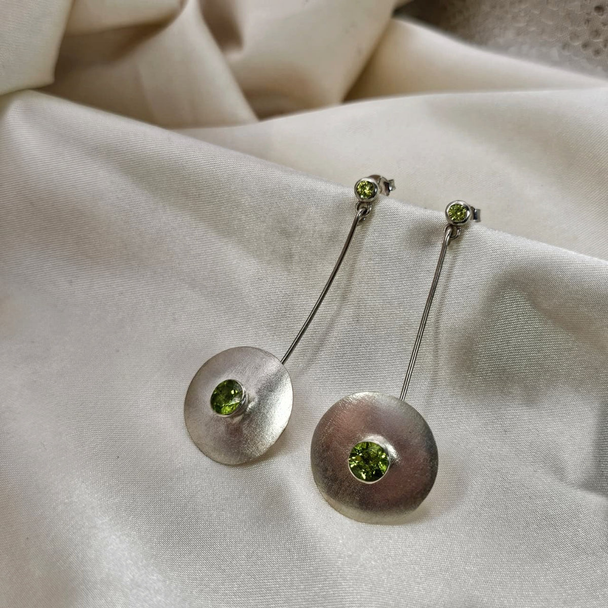 Peridot Textured Disc Drop Earrings