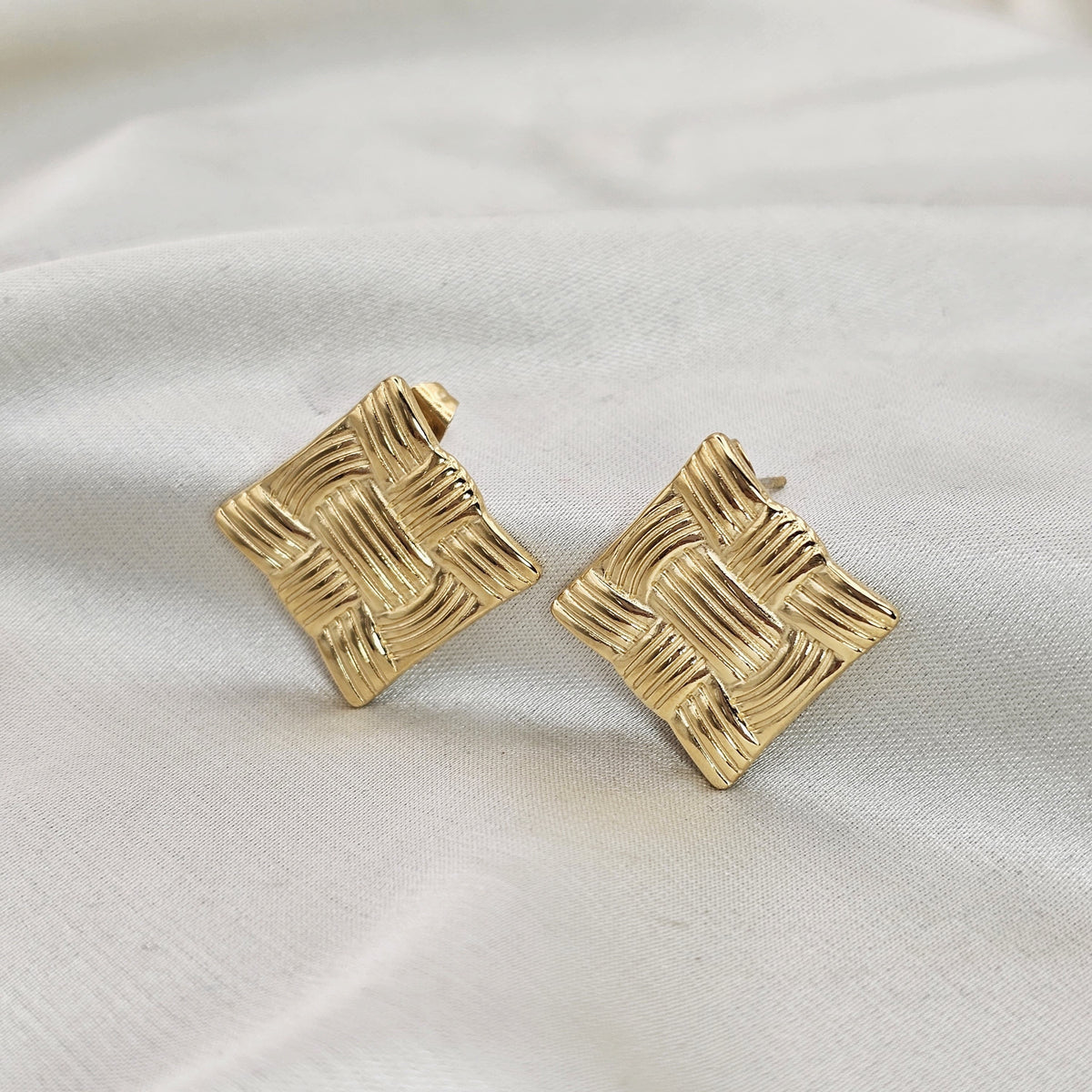18k Gold Plated Stainless Steel Textured Square Earrings