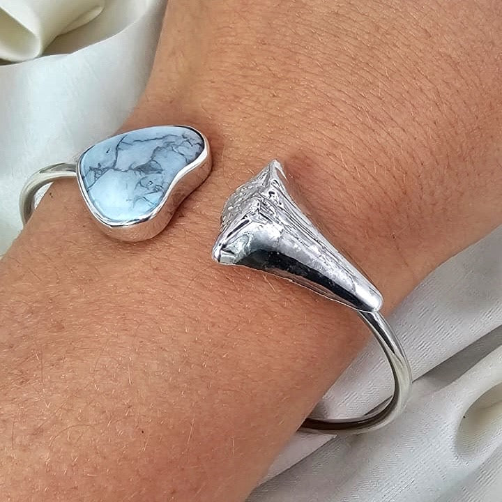 Handmade Adjustable Howlite & Shark Tooth Cuff Bracelet
