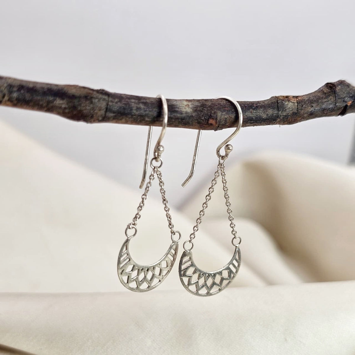 Geometric Filigree Crescent Drop Earrings