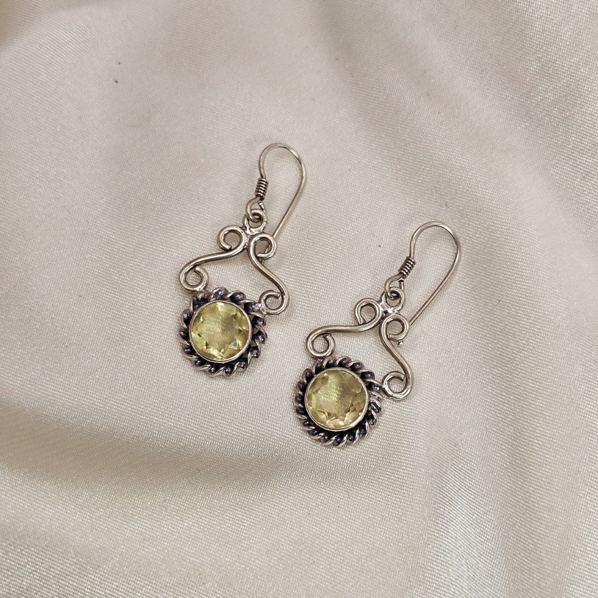 Lemon Quartz Filigree Scroll Drop Earrings