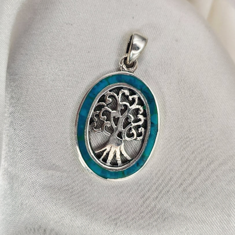 Turquoise Inlay Tree of Life Pendant image 1