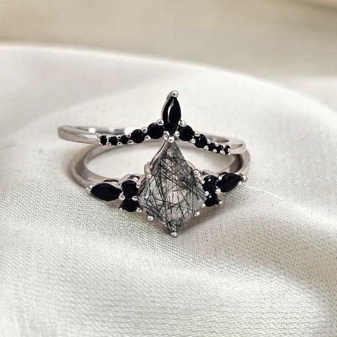 Rutilated Quartz & Black Spinel Ring Set image 2