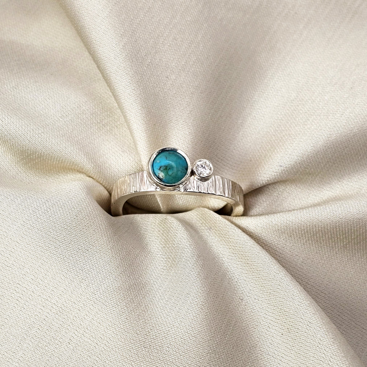Square Turquoise & Moissanite Hammered Silver Ring image 0