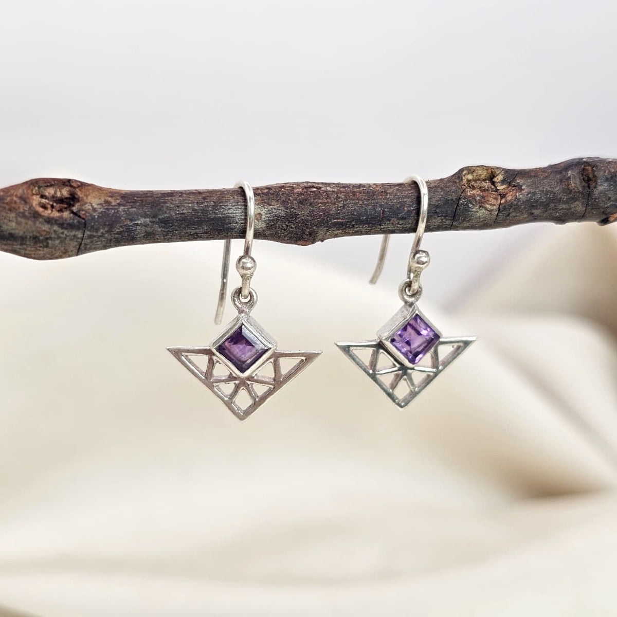 Amethyst Geometric Filigree Drop Earrings