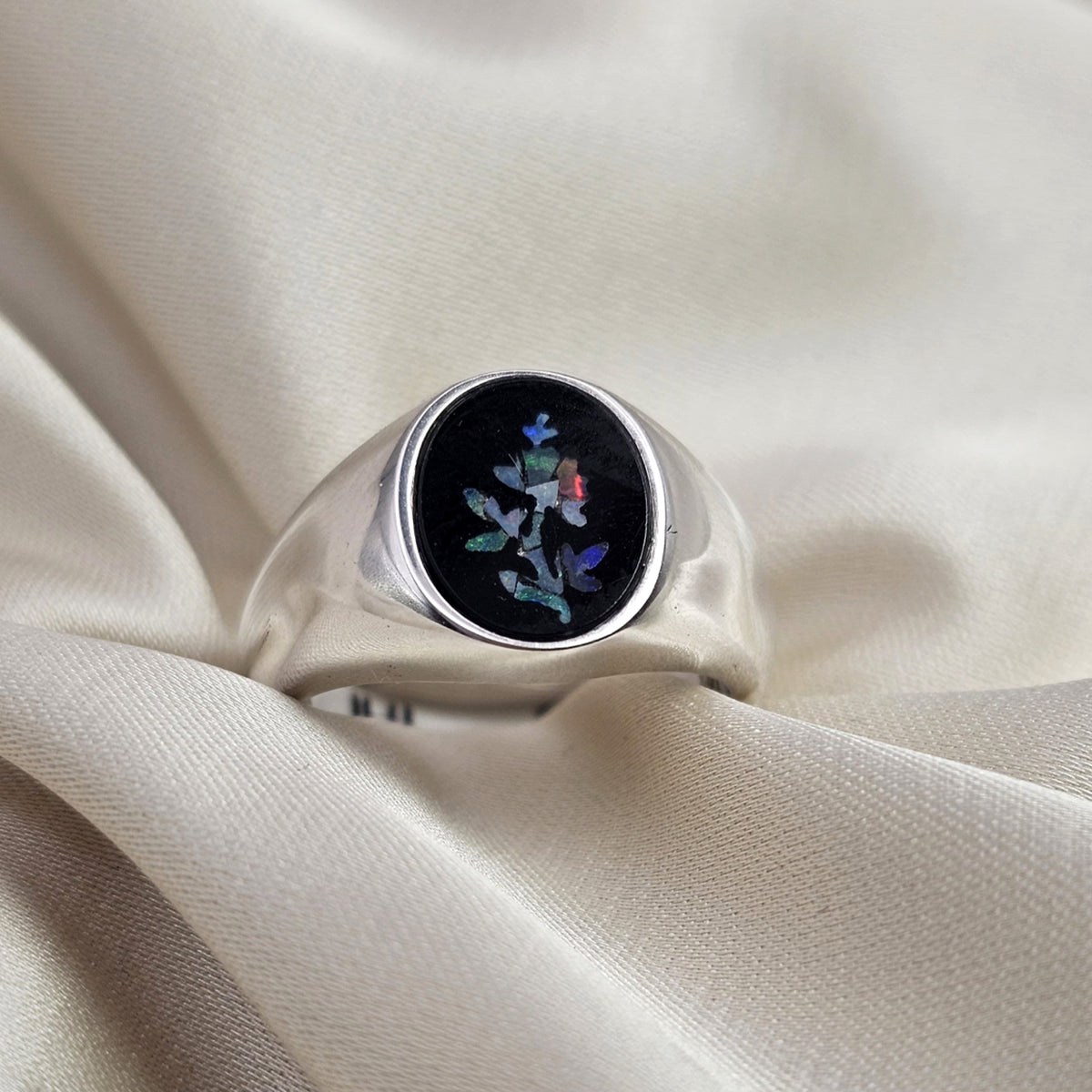 Black Onyx and Flower Opal Signet Ring image 5