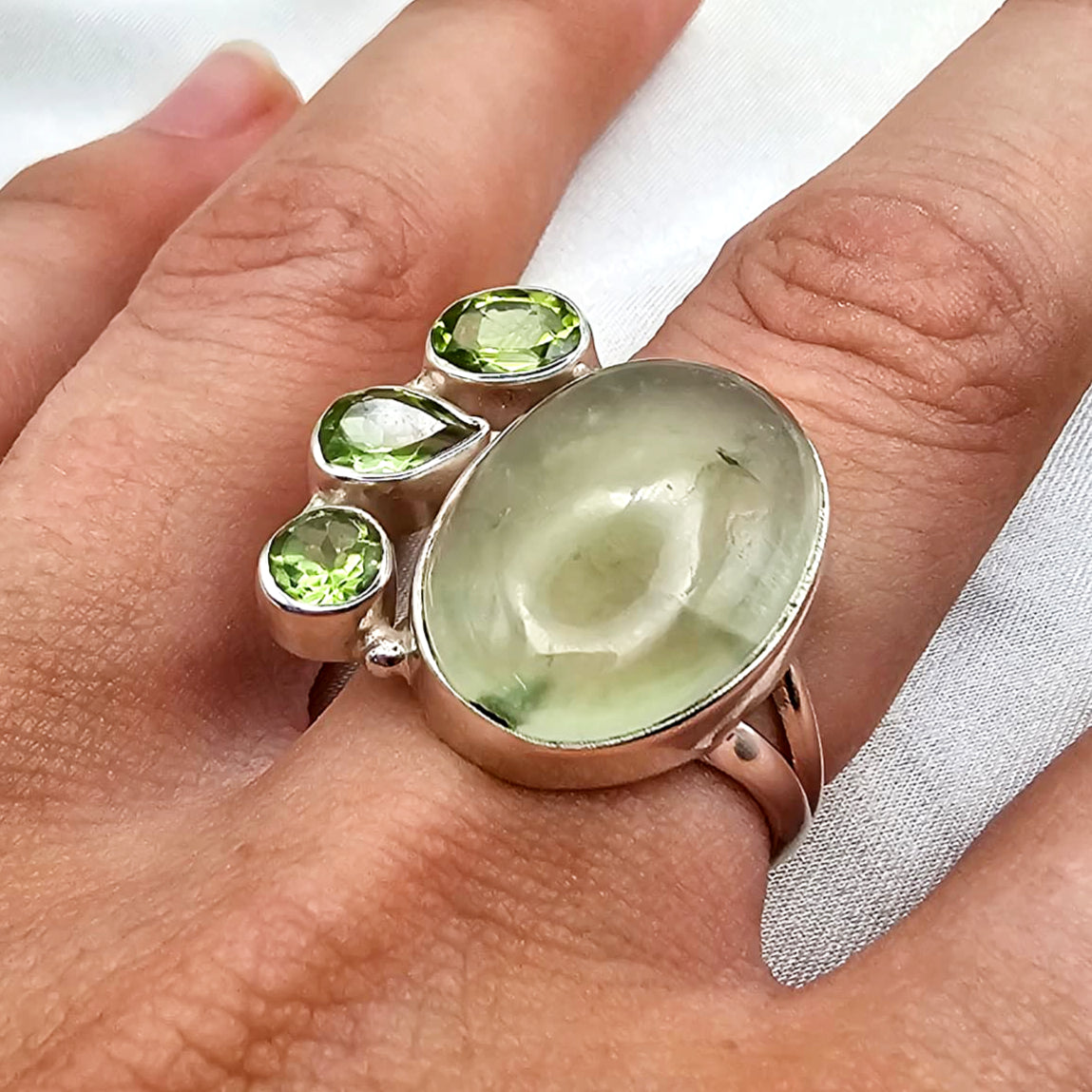 Prehnite & Three Stone Peridot Ring image 1