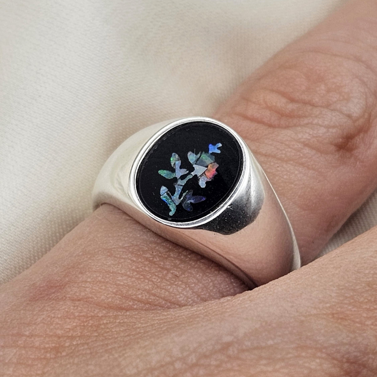 Black Onyx and Flower Opal Signet Ring image 4