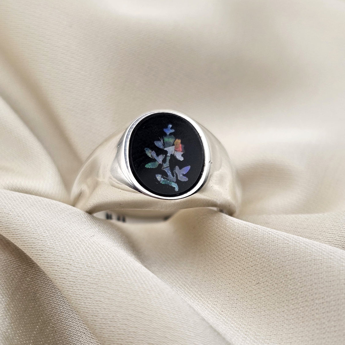 Black Onyx and Flower Opal Signet Ring image 2