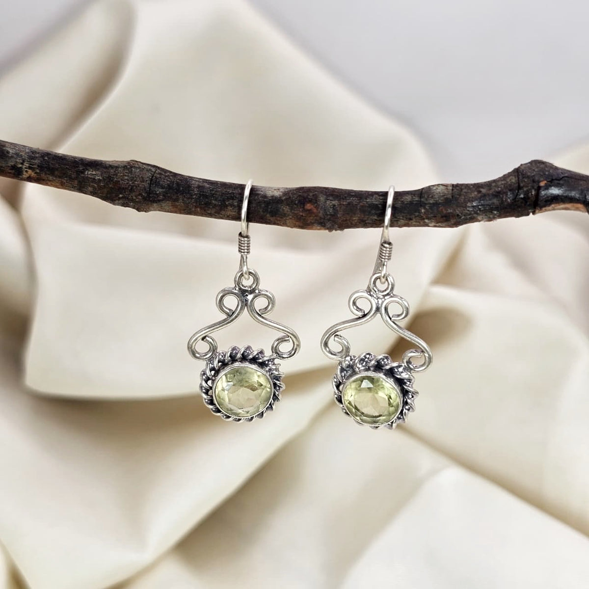 Lemon Quartz Filigree Scroll Drop Earrings