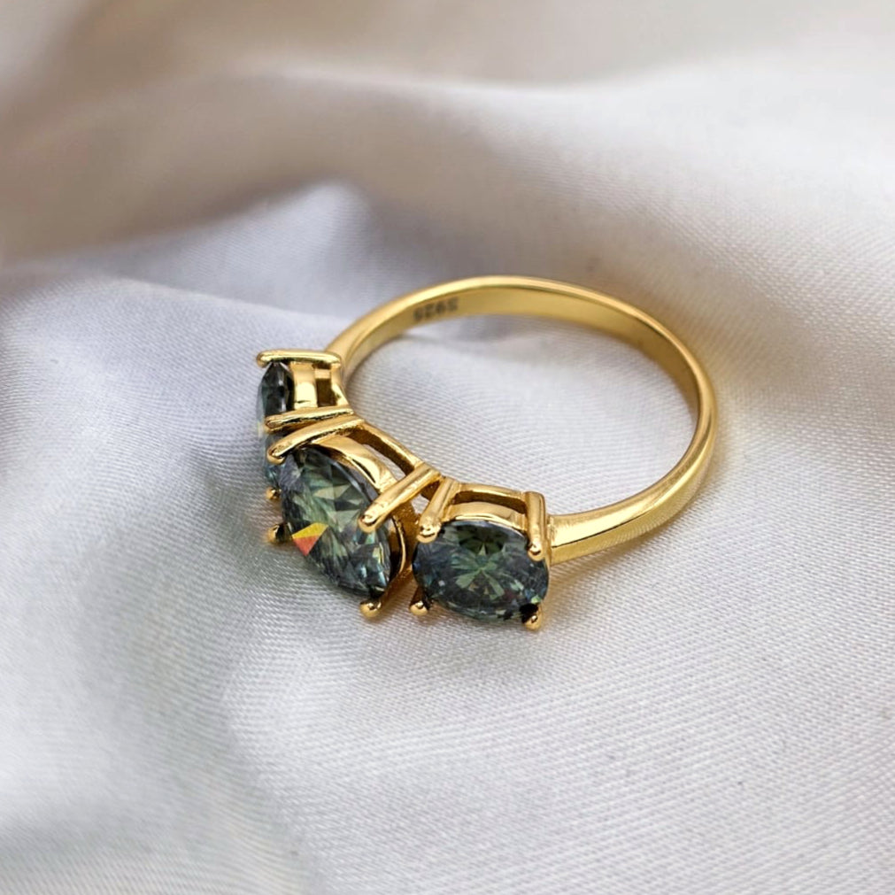18ct Gold Plated Green Moissanite Trilogy Ring image 2