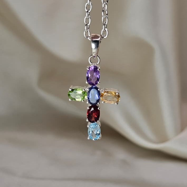 Multicoloured Cubic Zirconia Cross Pendant