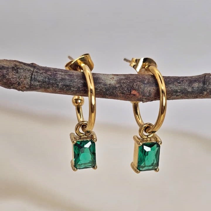 18k Gold Plated Stainless Steel Green Cubic Zirconia Drop Earrings