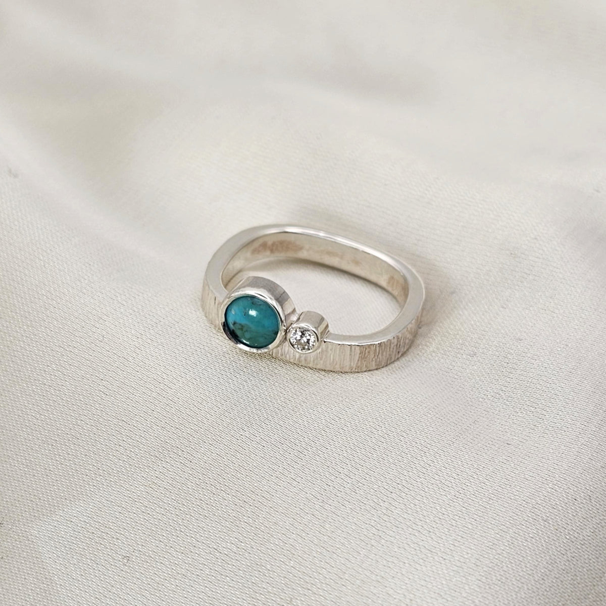 Square Turquoise & Moissanite Hammered Silver Ring image 2