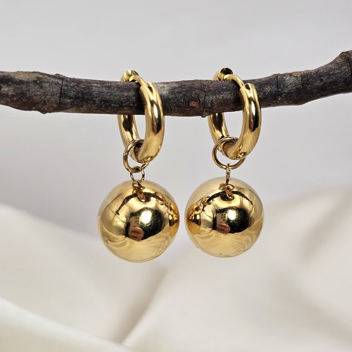 18k Gold Plated Stainless Steel Ball Drop Hoop Earrings