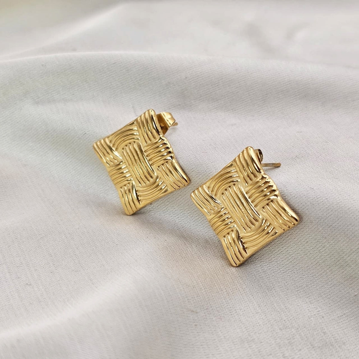 18k Gold Plated Stainless Steel Textured Square Earrings