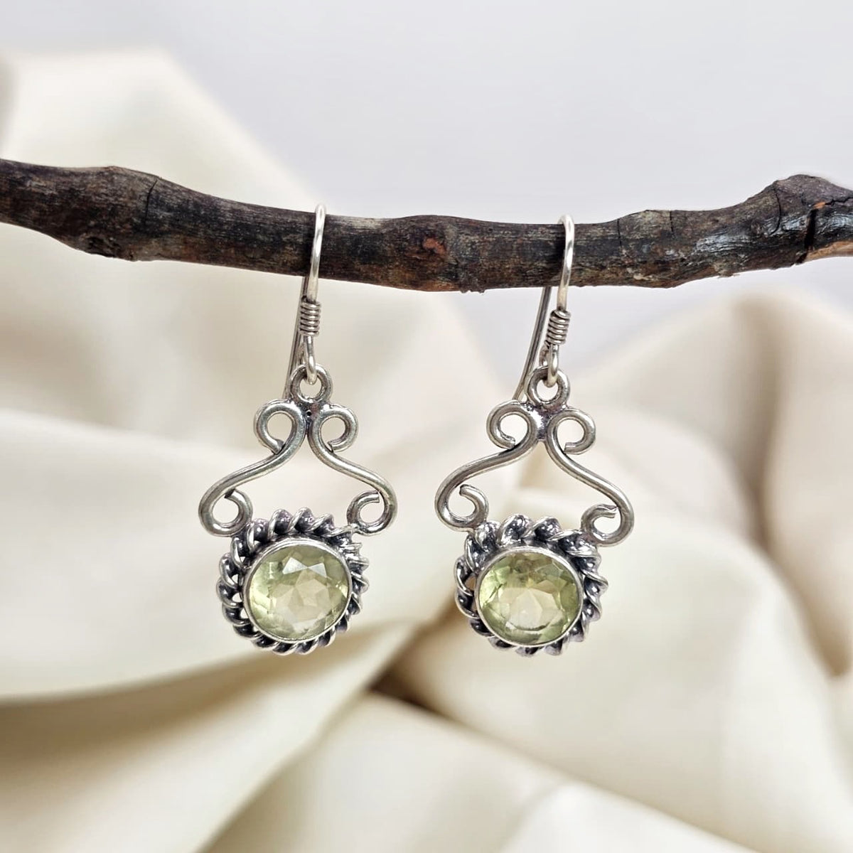 Lemon Quartz Filigree Scroll Drop Earrings