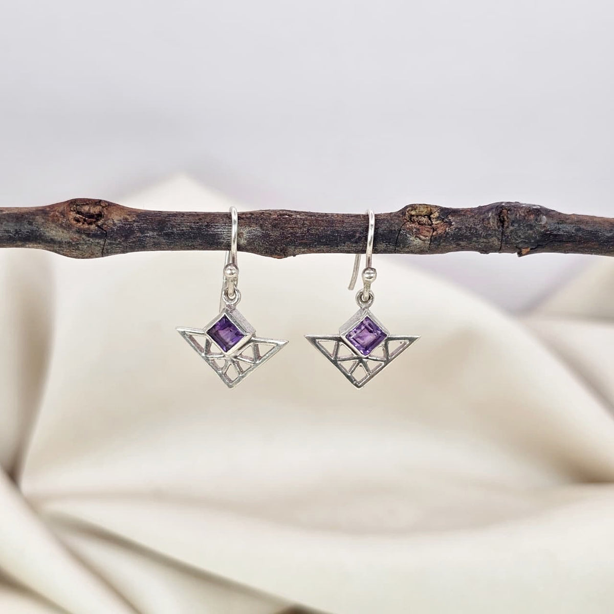 Amethyst Geometric Filigree Drop Earrings