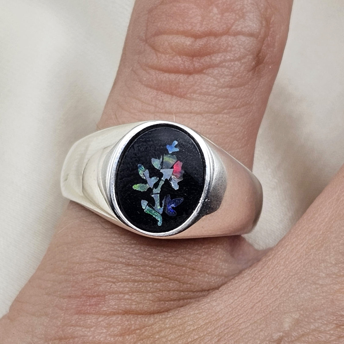 Black Onyx and Flower Opal Signet Ring image 1