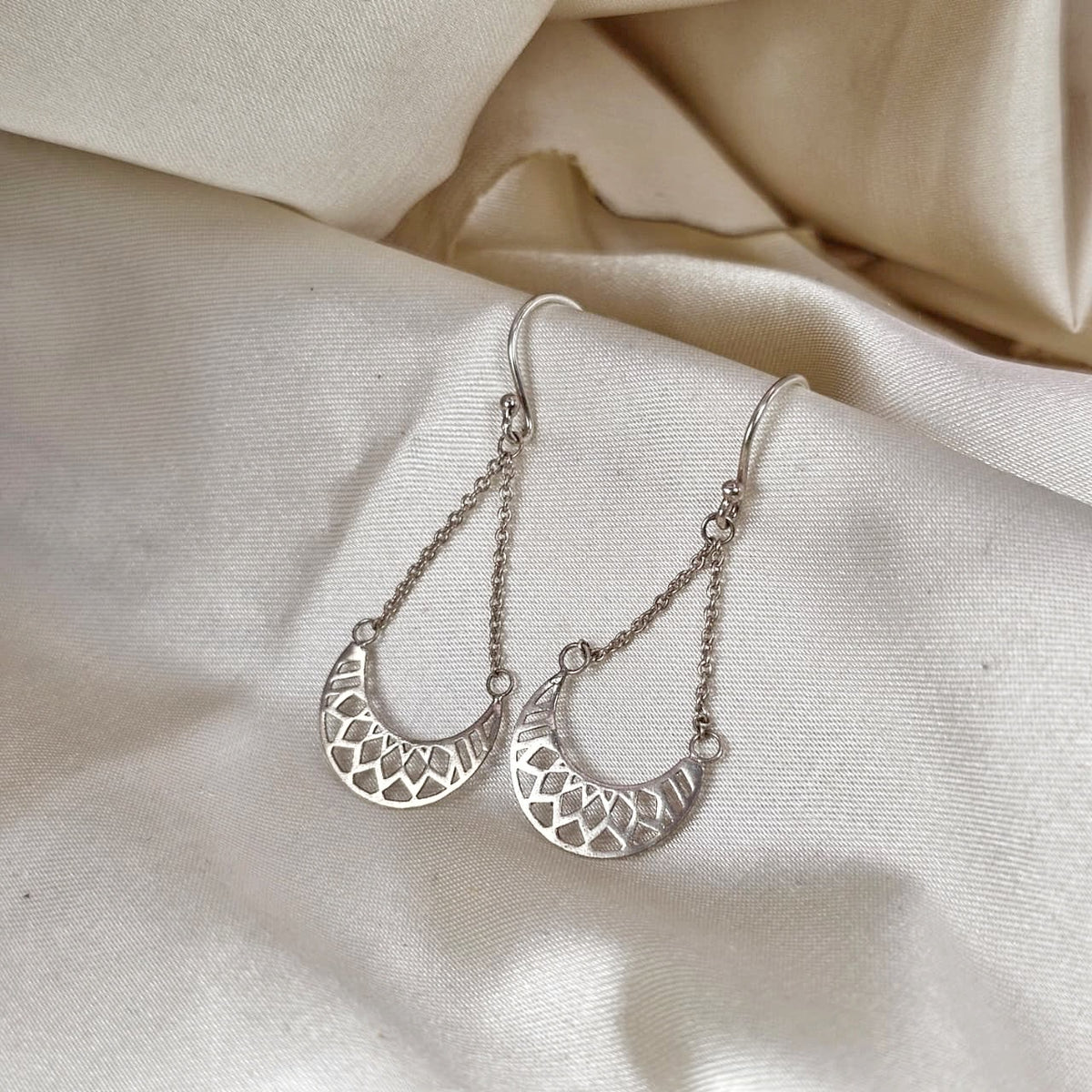 Geometric Filigree Crescent Drop Earrings