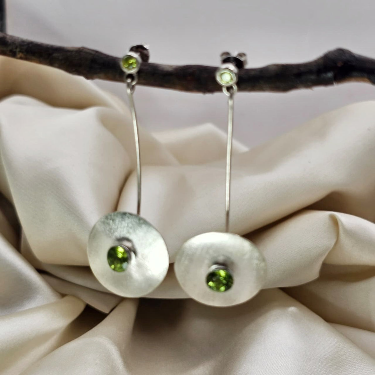 Peridot Textured Disc Drop Earrings