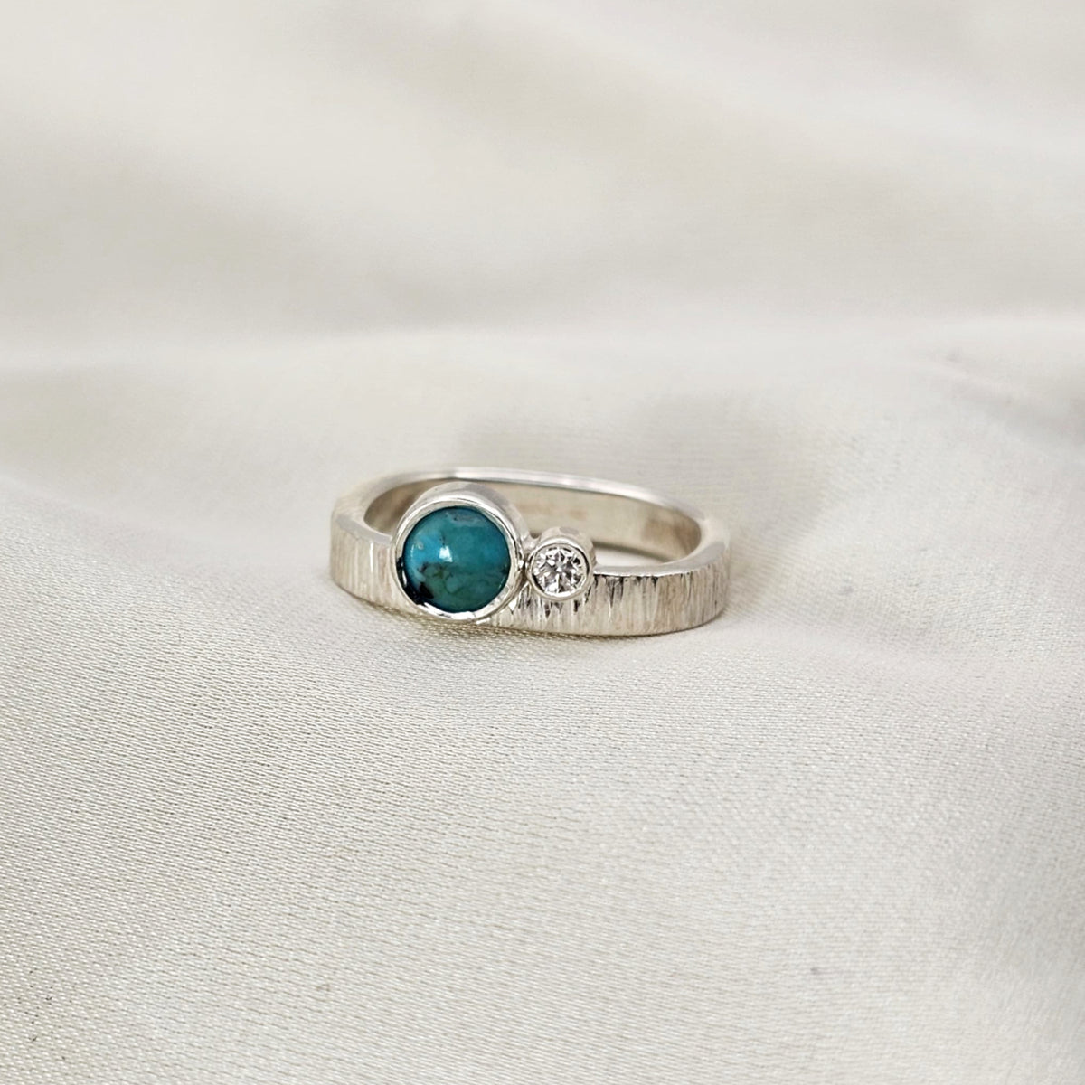 Square Turquoise & Moissanite Hammered Silver Ring image 4
